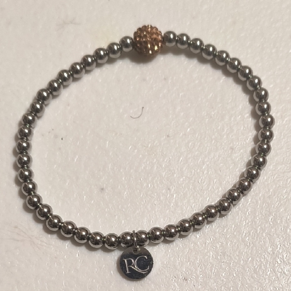 Rustic Cuff Silver Tone Metal Bead with Shamballa Bead Accent Stretch Bracelet